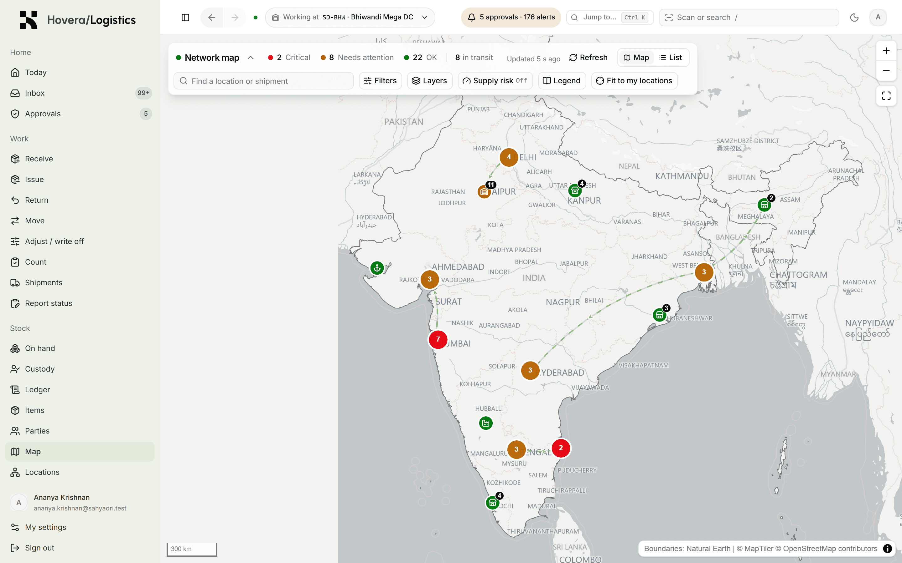Hovera Move network map showing warehouses as coloured pins and shipments in transit as arcs
