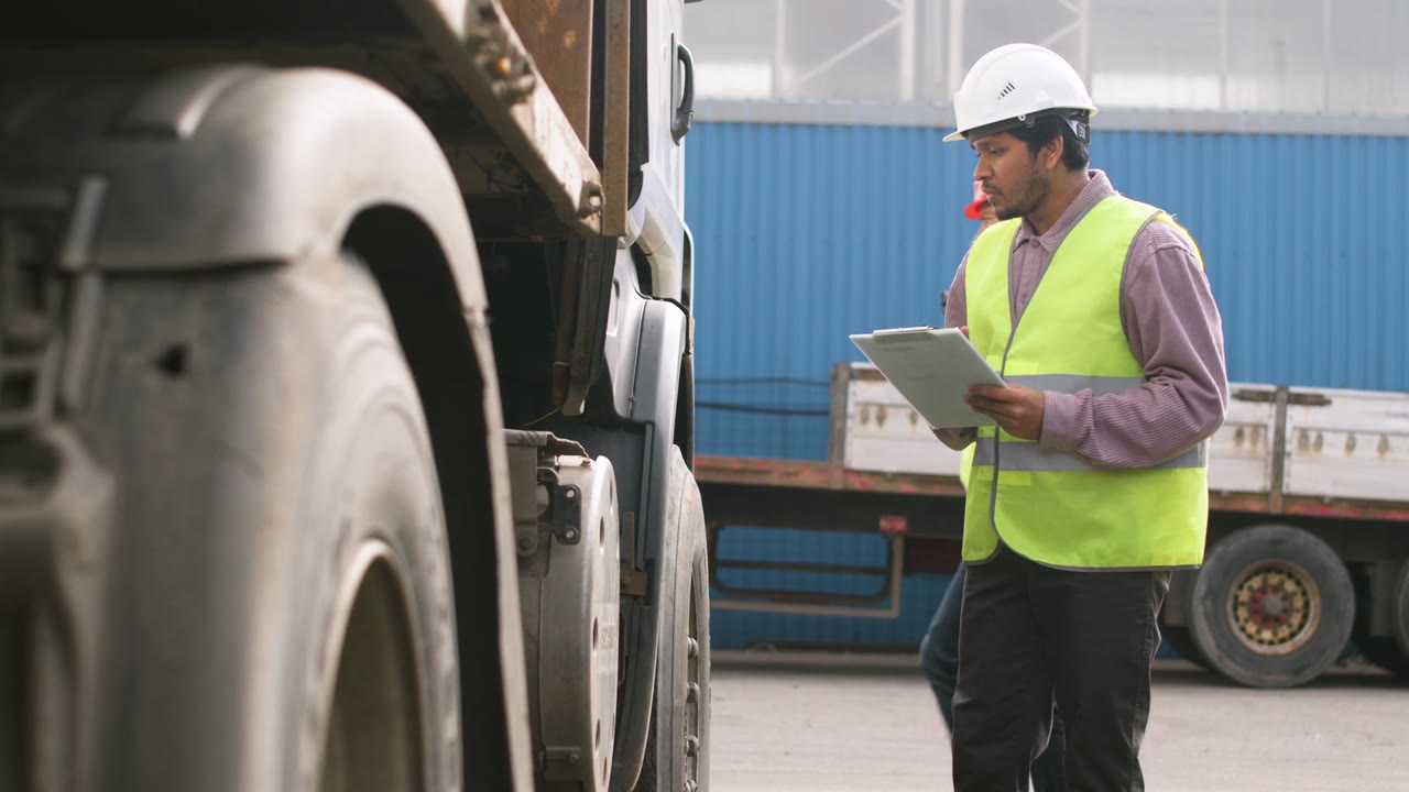 A mechanic in a cap working under the open cab of a truck